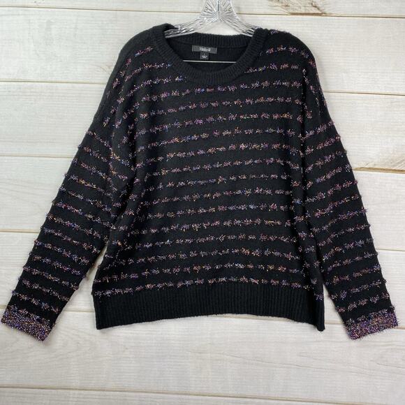 Tribekka 44 Sweater Womens Large Pullover Black Fuzzy Multicolor Artsy Stretch - Picture 1 of 9